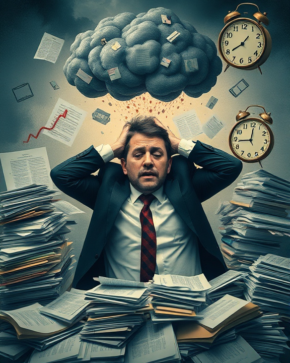 A visual representation of burnout, depicting a person overwhelmed with stress in a chaotic environment.