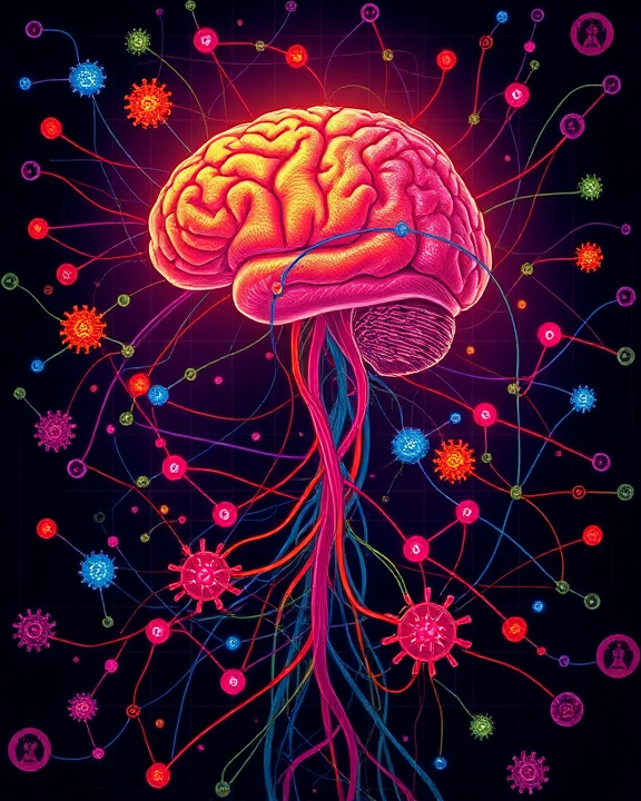 An illustration showcasing the connection between the brain, nervous system, immune system, and emotions.