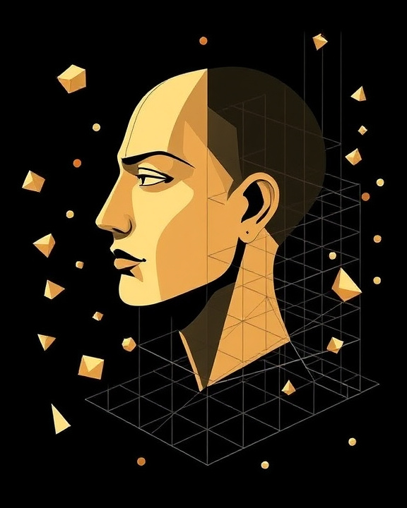 A human head with a digital, geometric pattern on one side, representing the digital self vs. the real self.