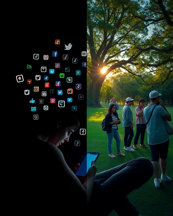 Persona che usa lo smartphone e persone che interagiscono nella natura