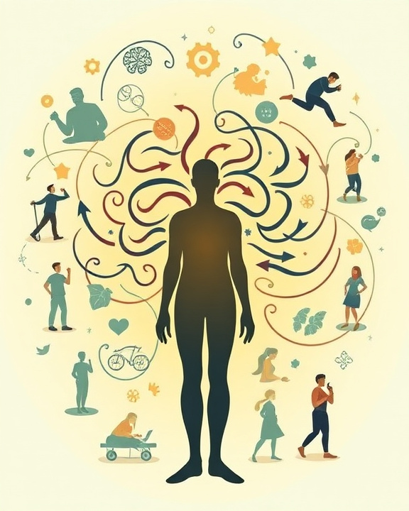 Illustrazione allegorica di una figura umana al centro, dalla quale si irradiano pensieri e azioni in varie sfere della vita, circondata da individui che interagiscono in differenti contesti, simboleggiando la complessit&agrave; dell'approccio olistico al benessere.