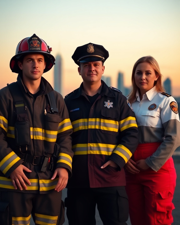 Immagine di tre soccorritori in divisa, un medico, un vigile del fuoco e un infermiere, che guardano avanti con determinazione.