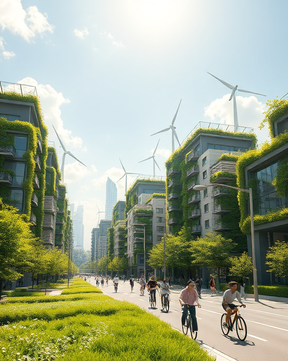 Immagine di una citt&agrave; futuristica con tanti alberi in un contesto sostenibile