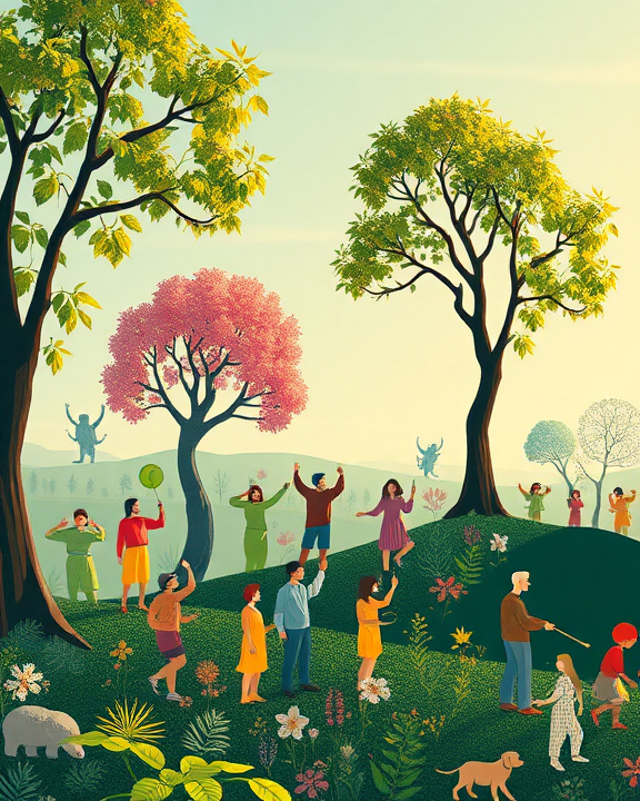 Immagine di persone su una collina che interagiscono tra di loro, con alberi e figure blu sullo sfondo