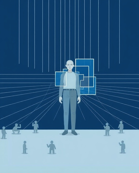 Diagramma di un albero con al centro una figura umana che rappresenta l'IA. Alla base piccole figure che tentano di connettersi a essa con linee e fili.