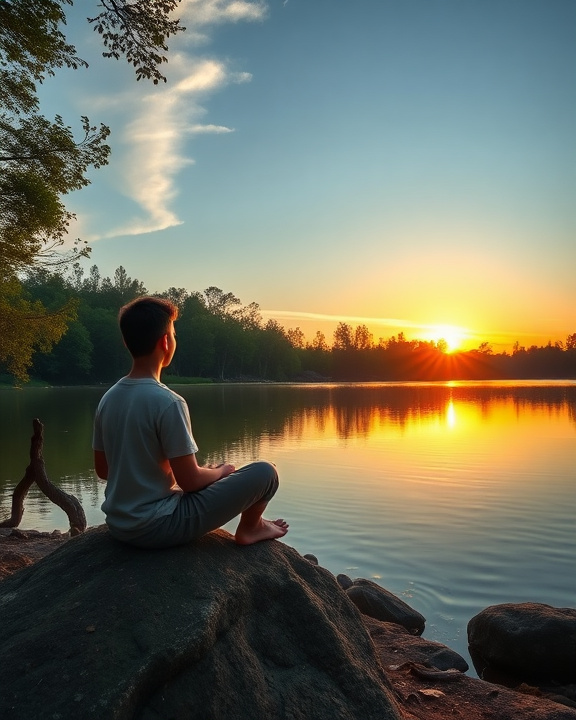 Un giovane medita di fronte a un lago al tramonto.