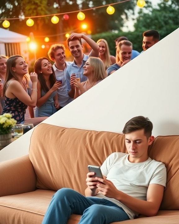 Immagine divisa tra persone felici che socializzano e una persona sola che guarda lo smartphone.