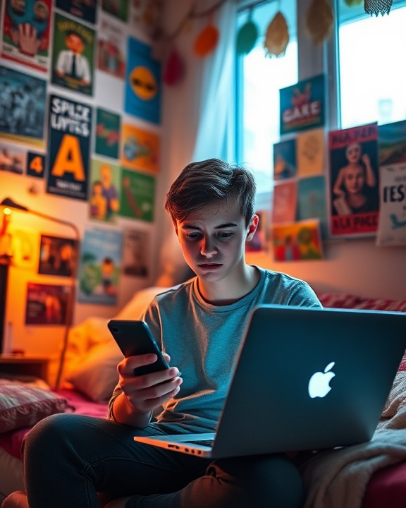 Giovane che guarda lo smartphone in una stanza.