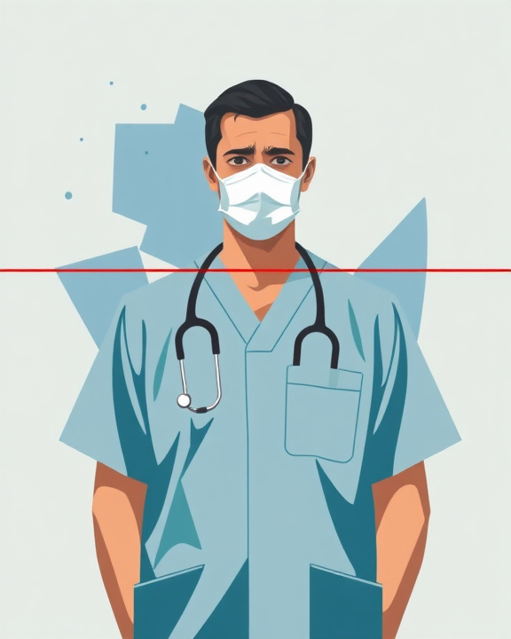 Healthcare worker wearing a mask and scrubs with a stethoscope around their neck.