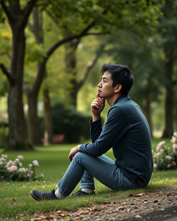 A person sitting on grass, seemingly in thought