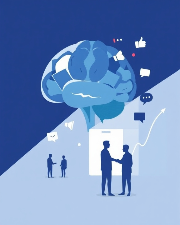 Illustration of brain activity related to social media interaction, featuring geometric shapes and social media icons.