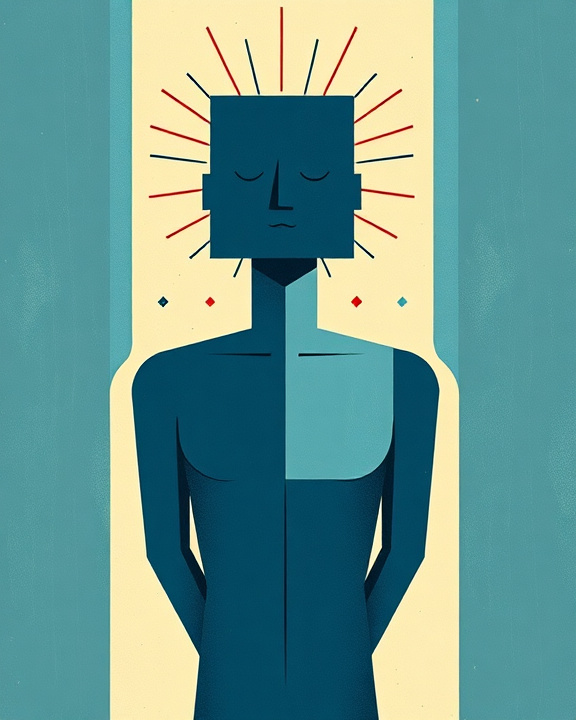 Persona esausta con testa radiante e corpo senza energia.