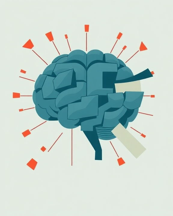 A detailed illustration of a human brain with several red shapes coming out of the right side