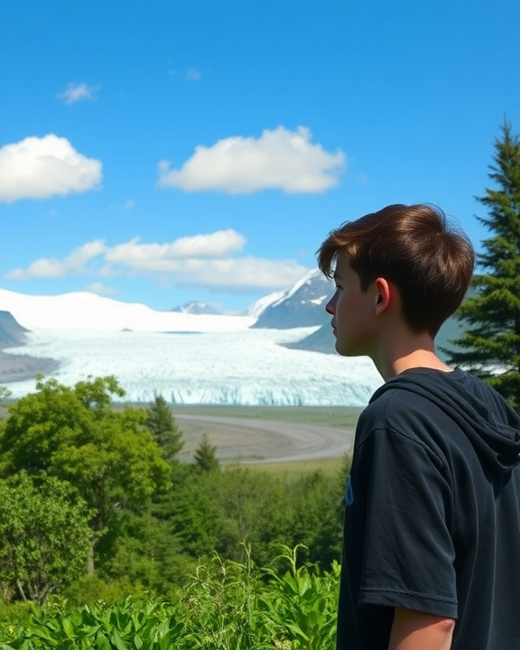 A young person looking at a glacier landscape.