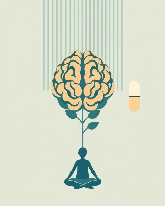 A conceptual and abstract image representing a stylized brain with vertical and horizontal lines, a growing stylized plant symbolizing non-pharmacological therapy, a stylized pill representing medication, and an abstract human figure in a meditative pose.