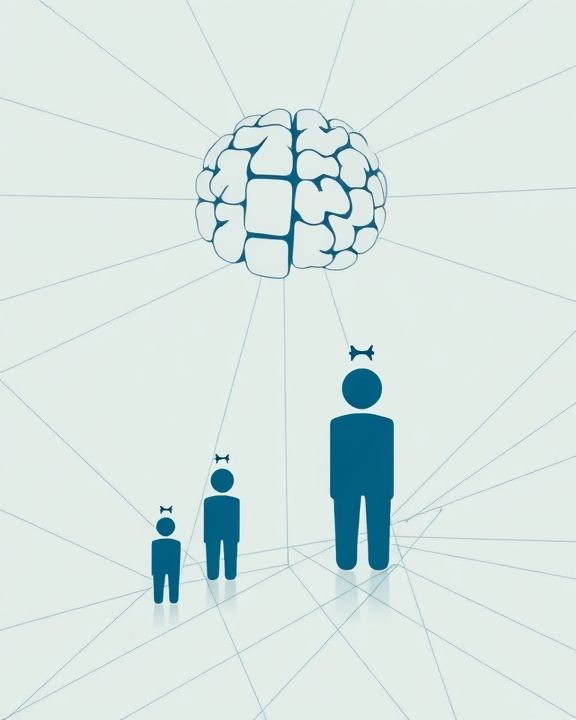 Brain with radiating lines and simplified figures representing generations.