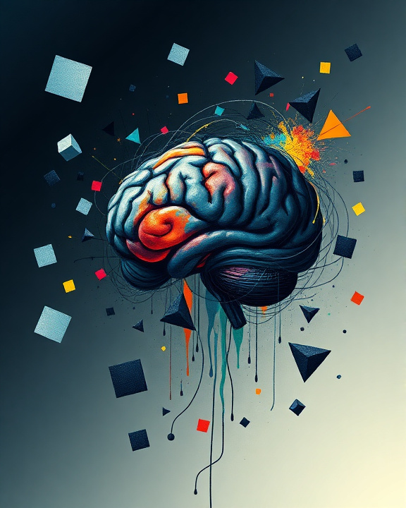 Stylized human brain with geometric shapes and splashes of color.