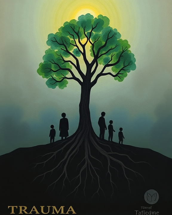 Family tree with simplified figures at the base and roots spelling 'TRAUMA'.