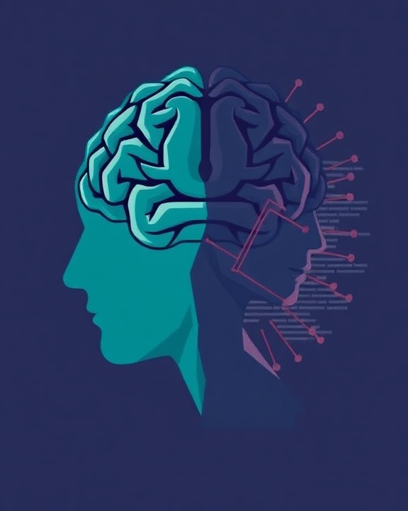 A left profile of a head, with the front half depicted with a visible brain in shades of blue/teal connected by wires/nodes on the right half, which is depicted in shades of grey/purple with data/coding, to another side view of a head.