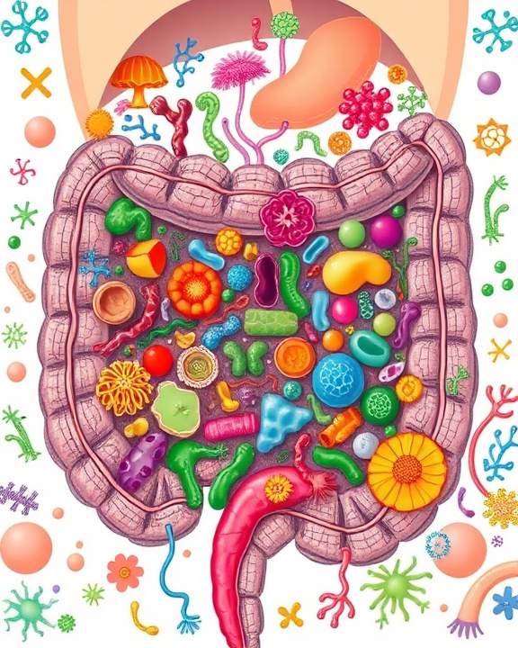 Immagine raffigurante l'intestino e microrganismi benefici