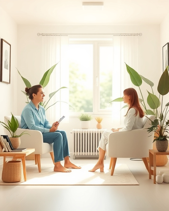Due donne che chiacchierano su poltrone in un ambiente luminoso con piante e finestra.