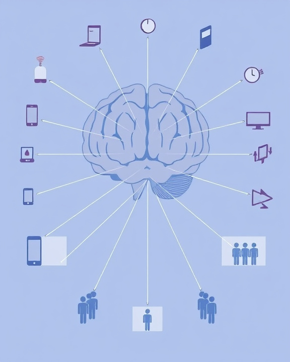 Brain surrounded by icons of digital devices and people, connected by lines to represent how digital information shapes thoughts and opinions.