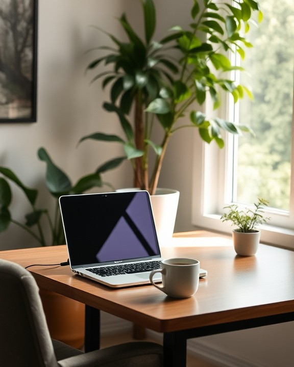 Home office setup with plants by a window.