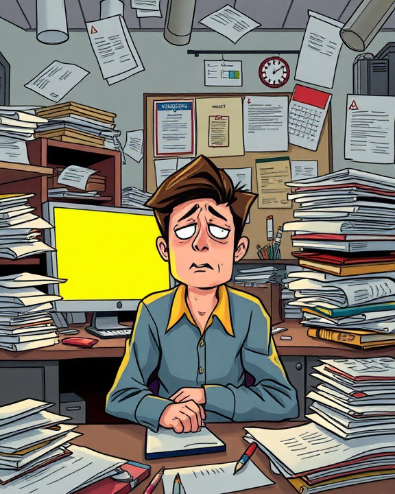 Man looking stressed at his desk full of paperwork.